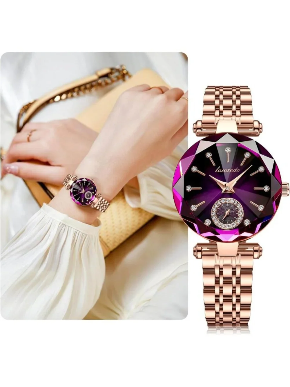 Women Gold Purple Elegant Stainless Steel Analog Creative Diamond Dial Watch